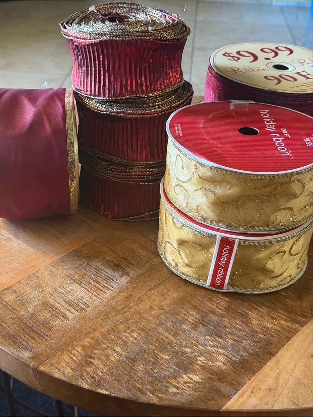 Burgundy & Gold Wide Wired Holiday Ribbon Over 450 Feet 8 Rolls
